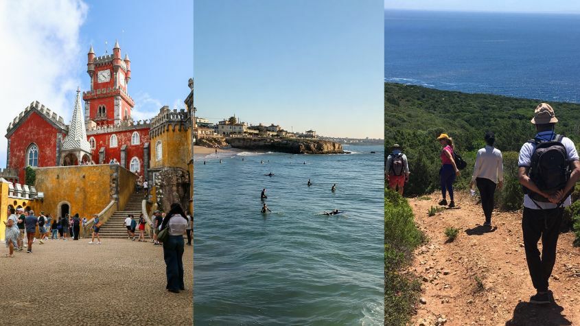 Pena Palace in Sintra, a surfing lesson in Cascais, and people hiking in Arrábida