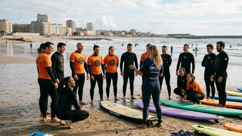 Grupo de amigos em teambuilding de surf na Praia de Matosinhos